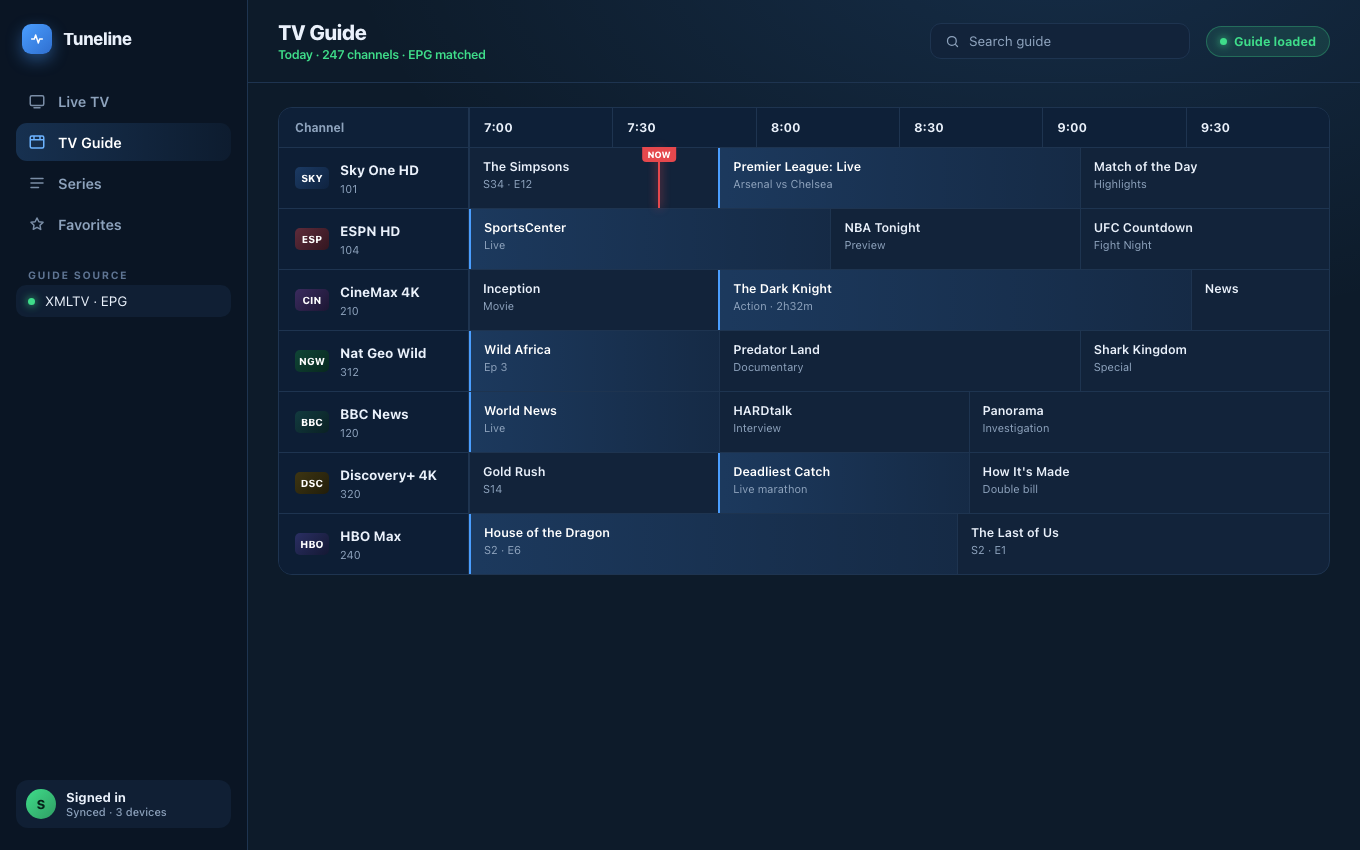 An EPG grid showing past programmes available for catch-up playback