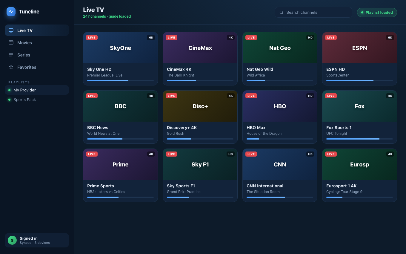 Tuneline showing a loaded library with content browsable on demand