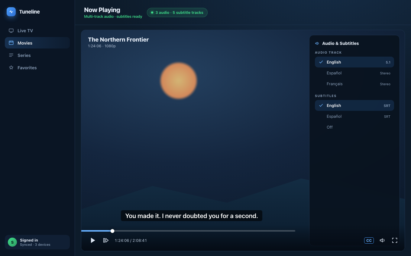 Tuneline audio and subtitle track selector open on a playing stream