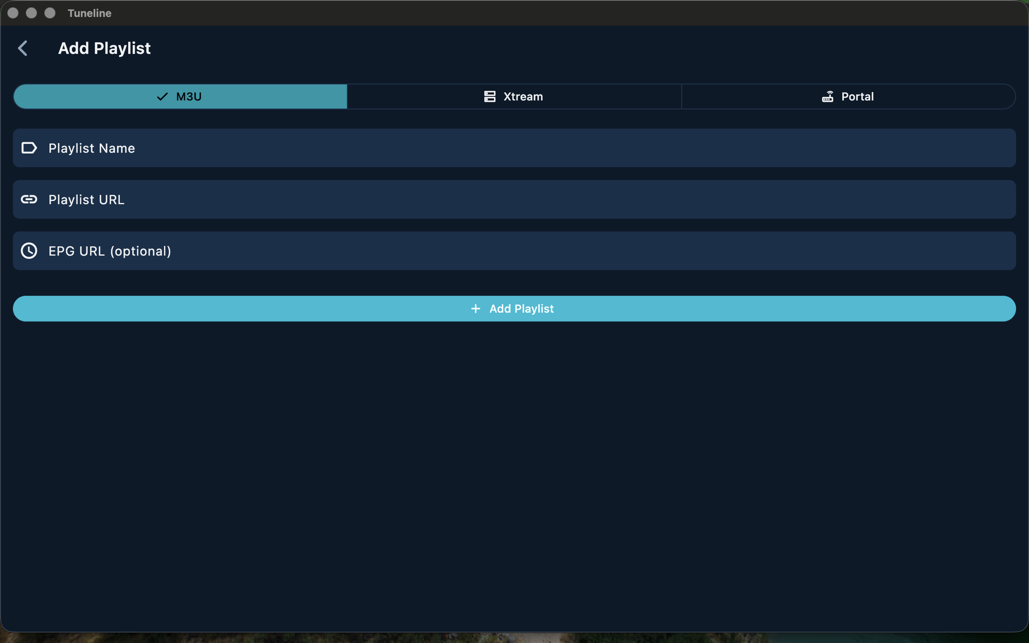 Screenshot: Tuneline's Add Playlist screen — you bring the source