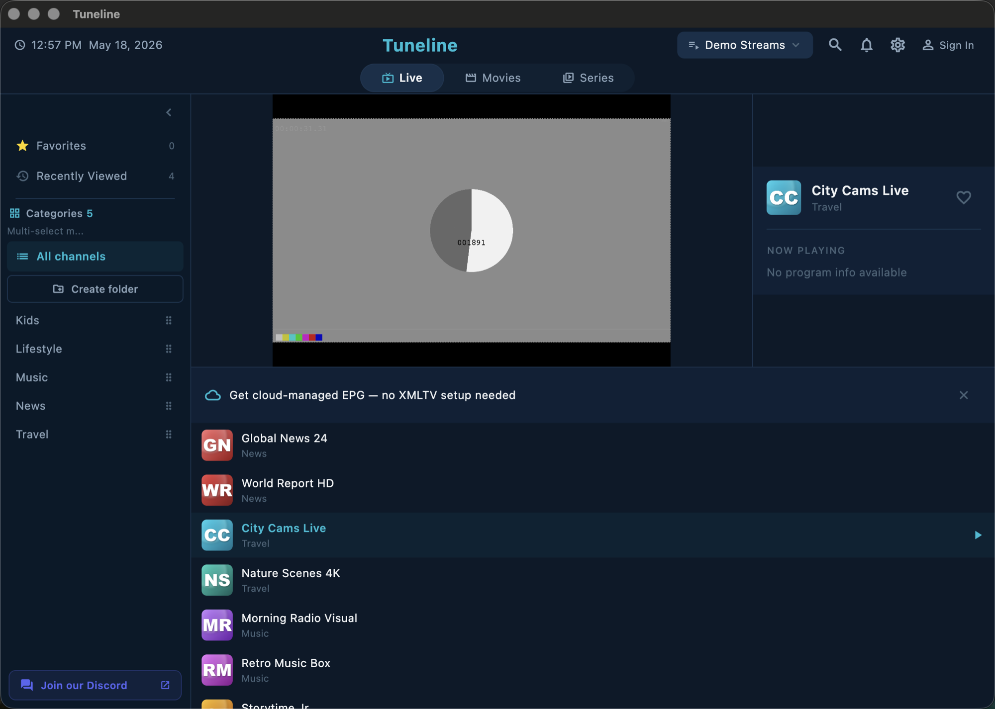 Screenshot: Tuneline's channel dashboard — a full BYO player workflow