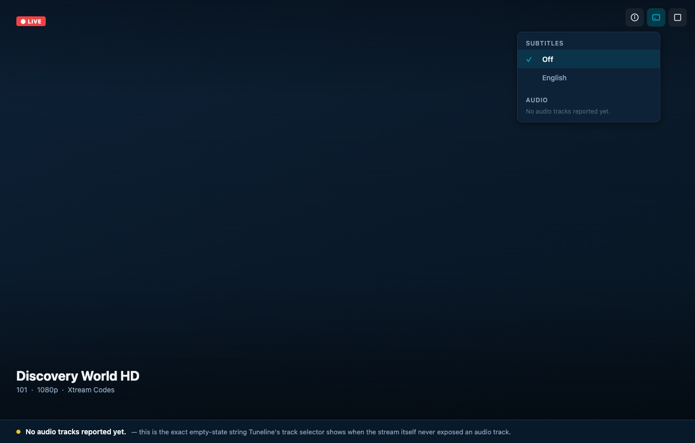 Tuneline's Subtitles & Audio track selector showing the real empty-state message 'No audio tracks reported yet.'