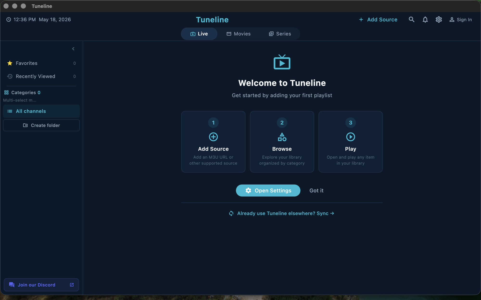 Screenshot: Tuneline's clean first-run screen with no ads or signup wall