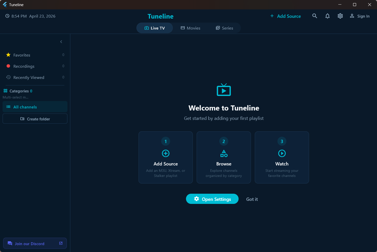 Tuneline welcome screen with a 1-2-3 setup walkthrough